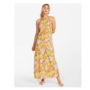 Billabong Retro Romance Halter Maxi Dress Small Moss Pink Mod 70s Floral